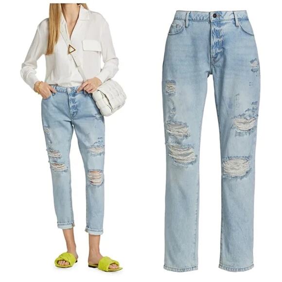 Frame Denim Denim - Frame Le Garcon Boyfriend Jean Distressed Natoma Wash 26 Light Blue Denim Boho